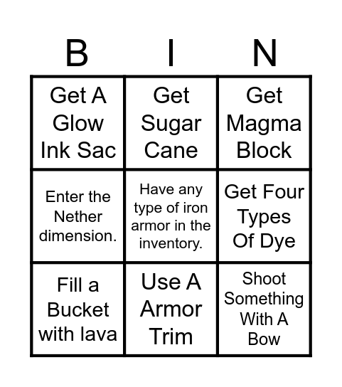 Birth Tournament Minecraft Bingo Card