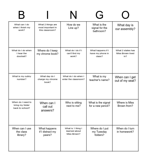 What Have I Learned? Bingo Card