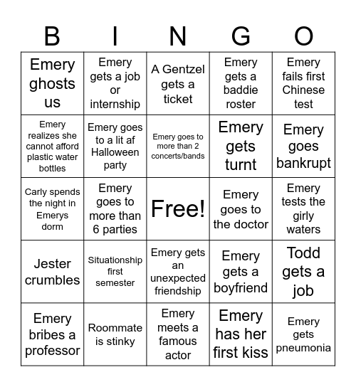 Freshman Year Bingo Card