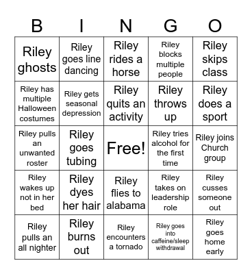 Riley Freshman Year Bingo Card