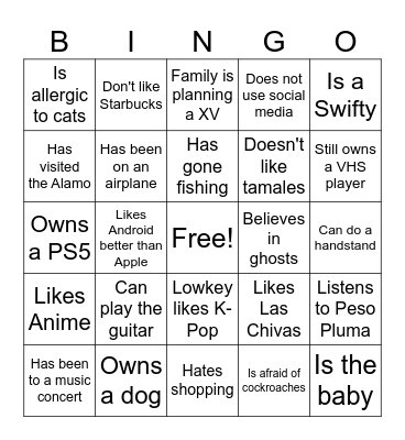 Getting to know your Classmates Bingo Card