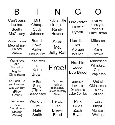 New Country 2024 Bingo Card