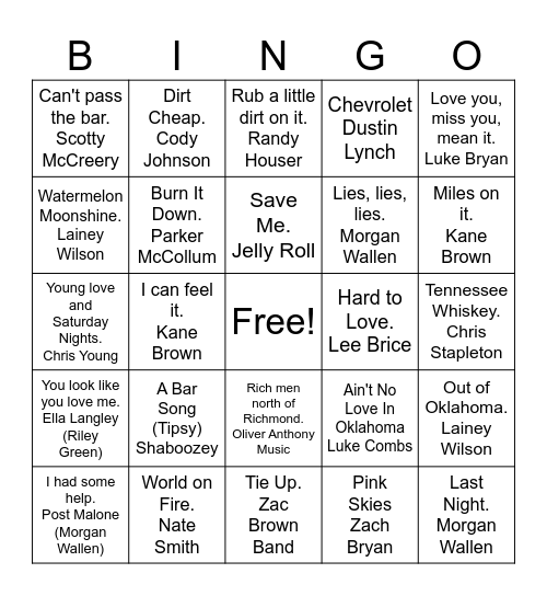 New Country 2024 Bingo Card