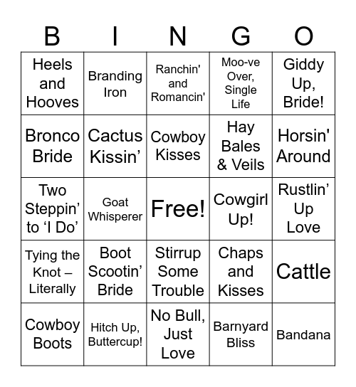 Cowboy Bridal Bingo Card