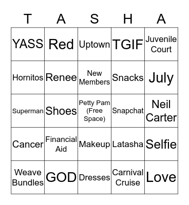 Tea With Tasha Bingo Card