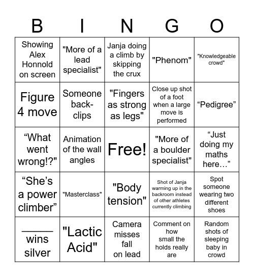 Olympic Sport Climbing 2024 Bingo Card