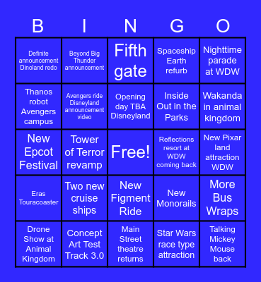 Disney Parks Panel Bingo Card