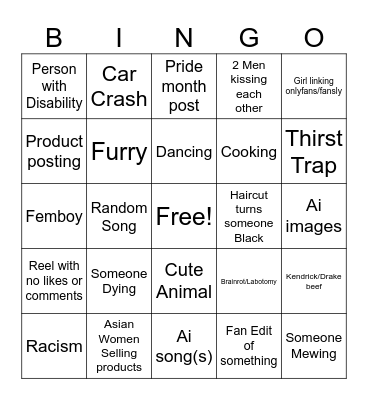 Insta reels Bingo Card