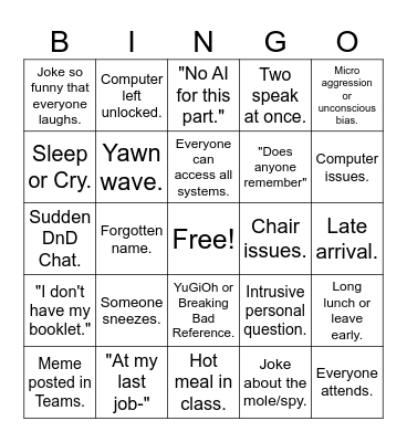 Classroom Bingo Card
