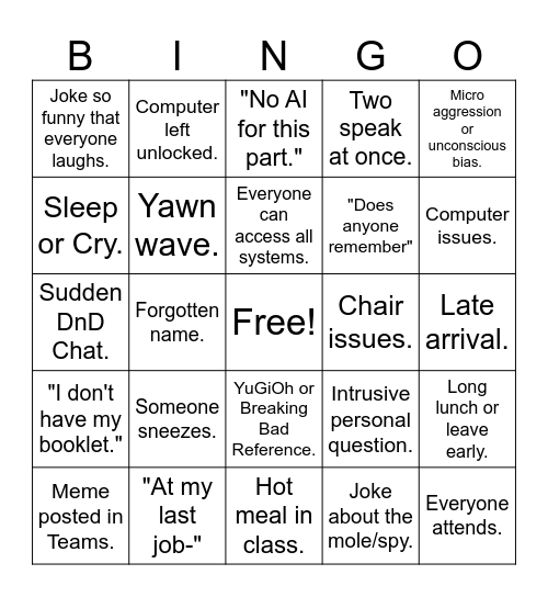 Classroom Bingo Card