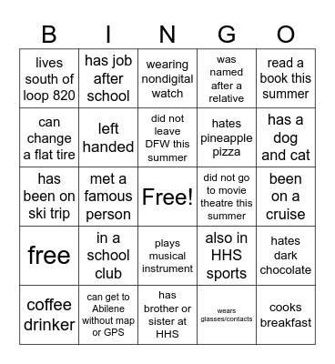 mingle bingo Card