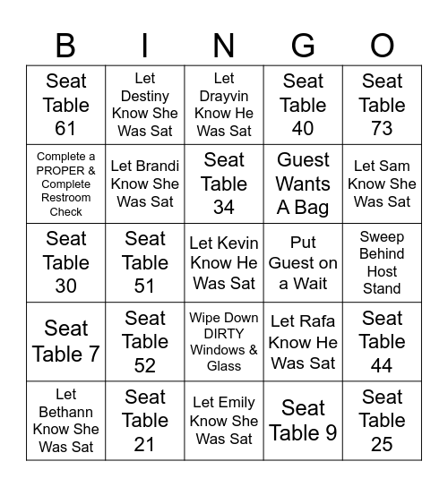 YH HOST BINGO No1 Bingo Card