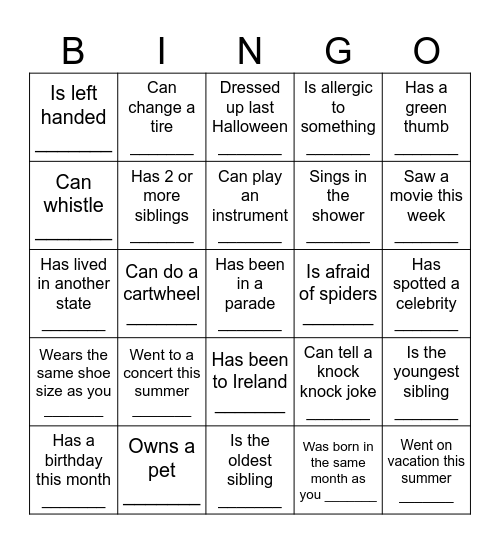 O'Shea Family Bingo! Find someone who... Bingo Card