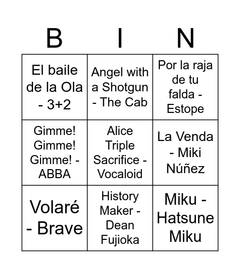 Music Bingo Card