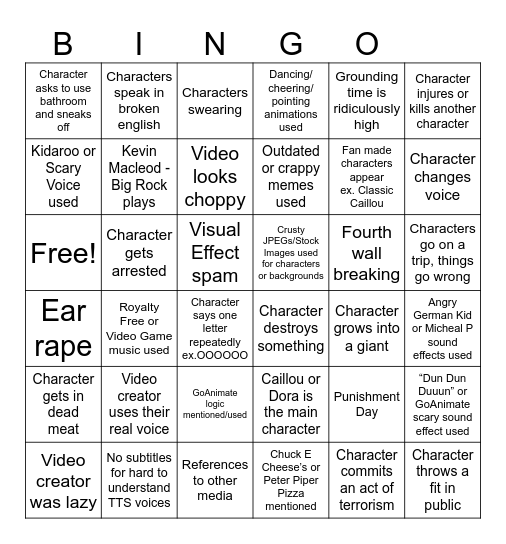 GoAnimate Grounded Video Bingo Card