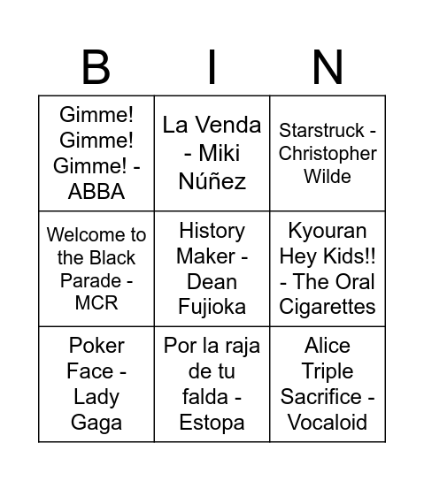 Music Bingo Card