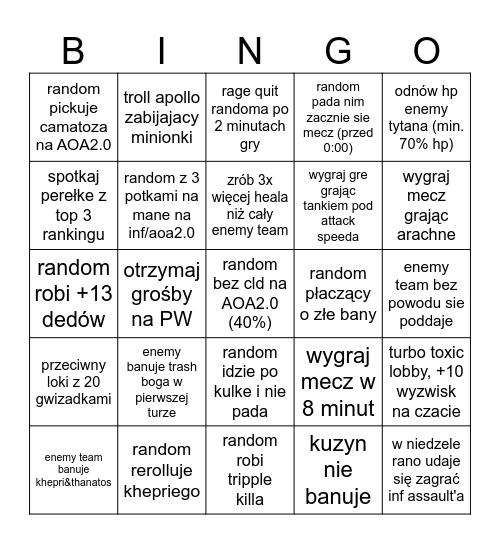 Ultimate Smite Bingo Card