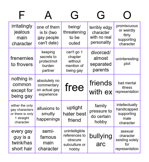 gay mlm YA novel bingo card Bingo Card