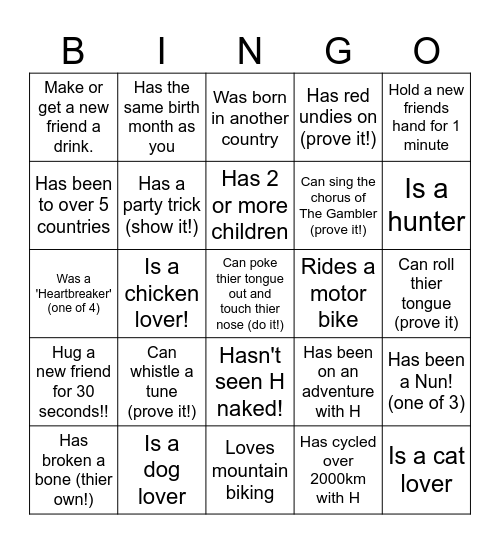 H Party Bingo Card