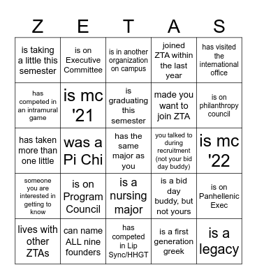 Take a picture with a sister who... Bingo Card