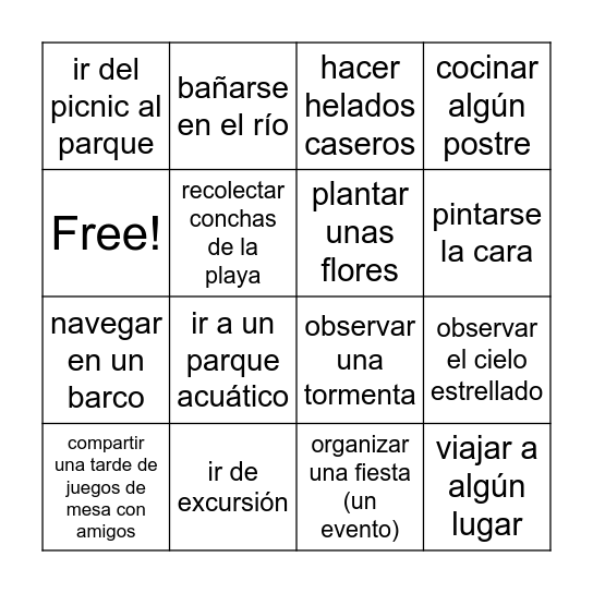 Verano Bingo Card