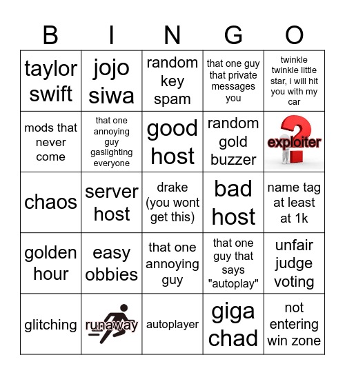 roblox talent show bingo Card