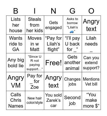No More Child Support Bingo Card