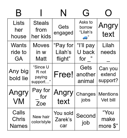 No More Child Support Bingo Card