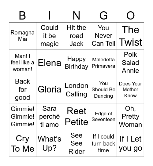 JukeBox Bingo Card