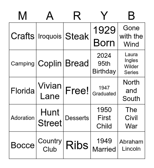 Happy 95th Birthday Mary! Bingo Card