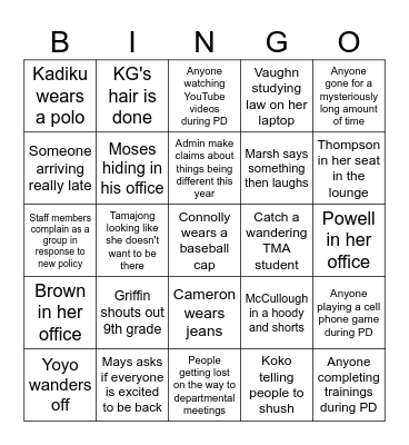 Warrior Academy Bingo Card