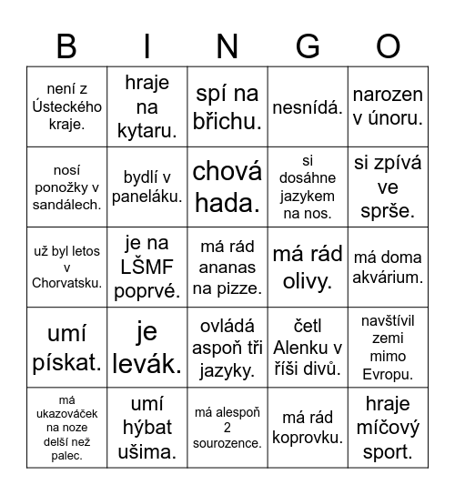 Najdi někoho, kdo Bingo Card