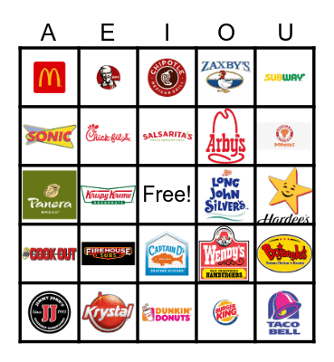 Fast Food Bingo Card