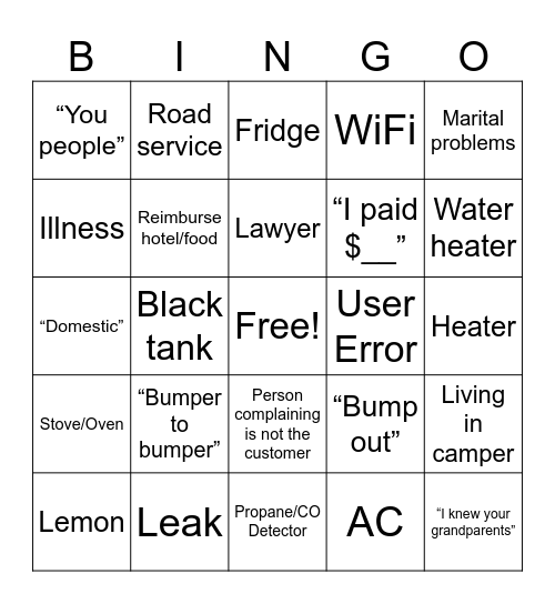 RV Complaint Bingo Card