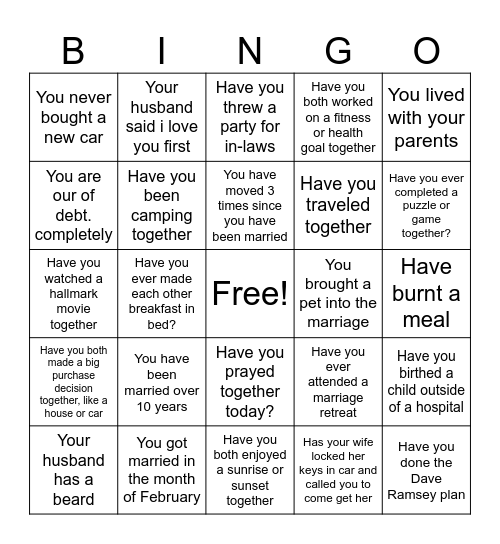 Marraige Conference Bingo Card