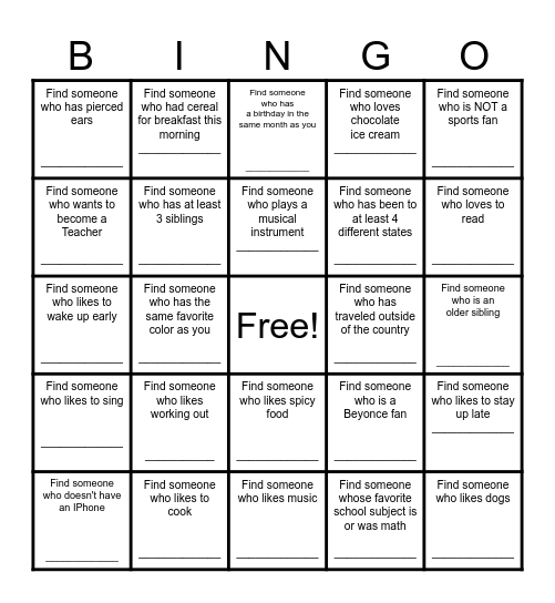 Find a Friend Bingo Card