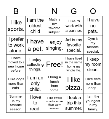 Things we have in common! Bingo Card