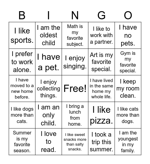 Things we have in common! Bingo Card