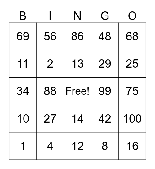 Number Bingo 1 - 100 Bingo Card