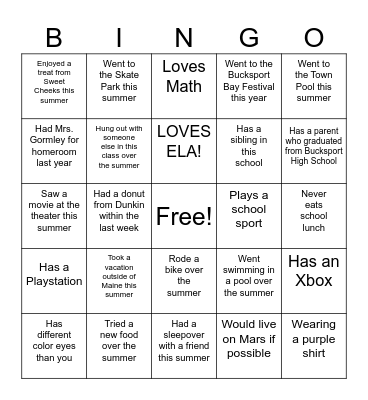 Back To School Bingo Card