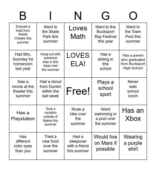 Back To School Bingo Card