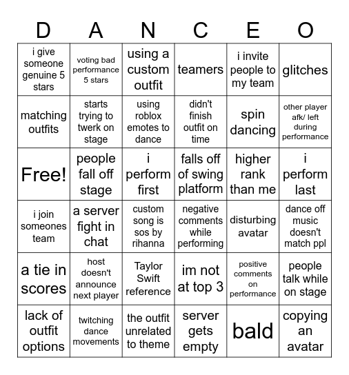 Dance Off Bingo Card