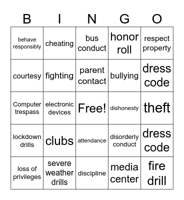 Student Handbook Bingo Card