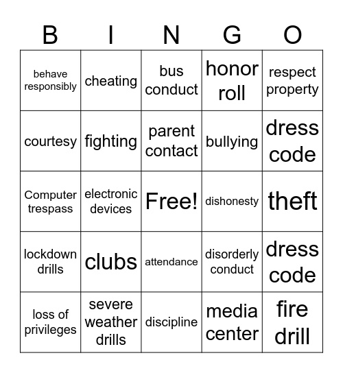 Student Handbook Bingo Card