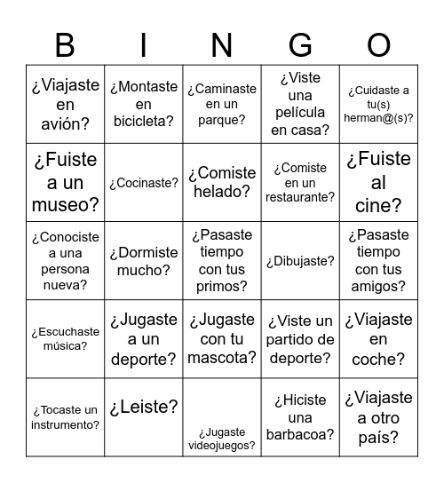 ¿Qué hiciste este verano? Bingo Card