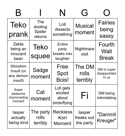 Zelda D&D Bingo Card