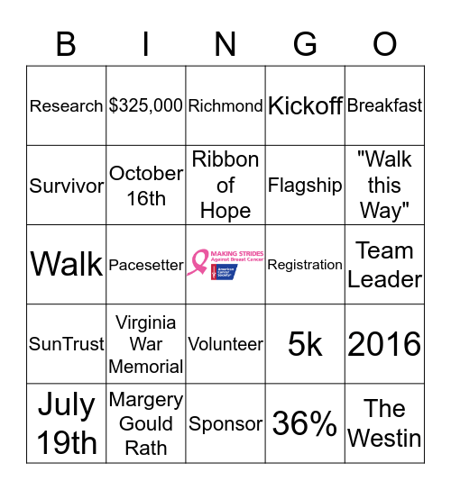 Making Strides Bingo Card