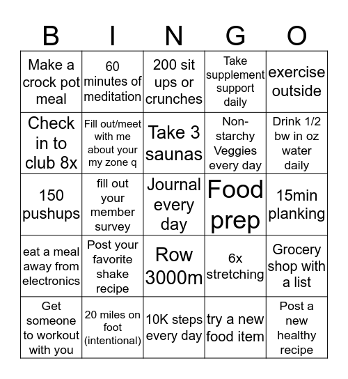 Sunday Nutrition Bingo Card