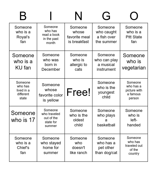 Getting to Know You Bingo Card