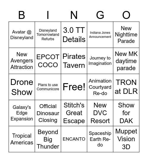 D23 PARKS AND RESORTS Bingo Card